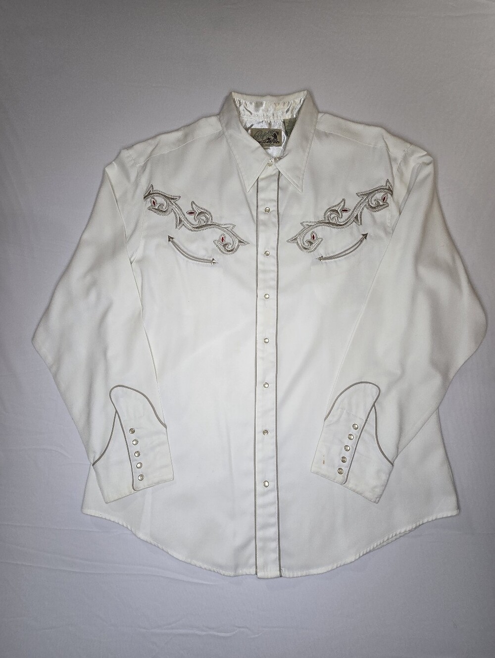 Roper Men’s 2XL White Western Pearl Snap Shirt Embroidered Star Yoke Vtg Style